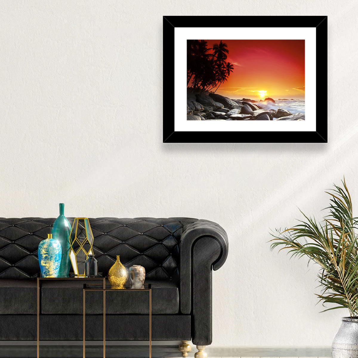 Tropical Island Sunset Wall Art in a room, landscape