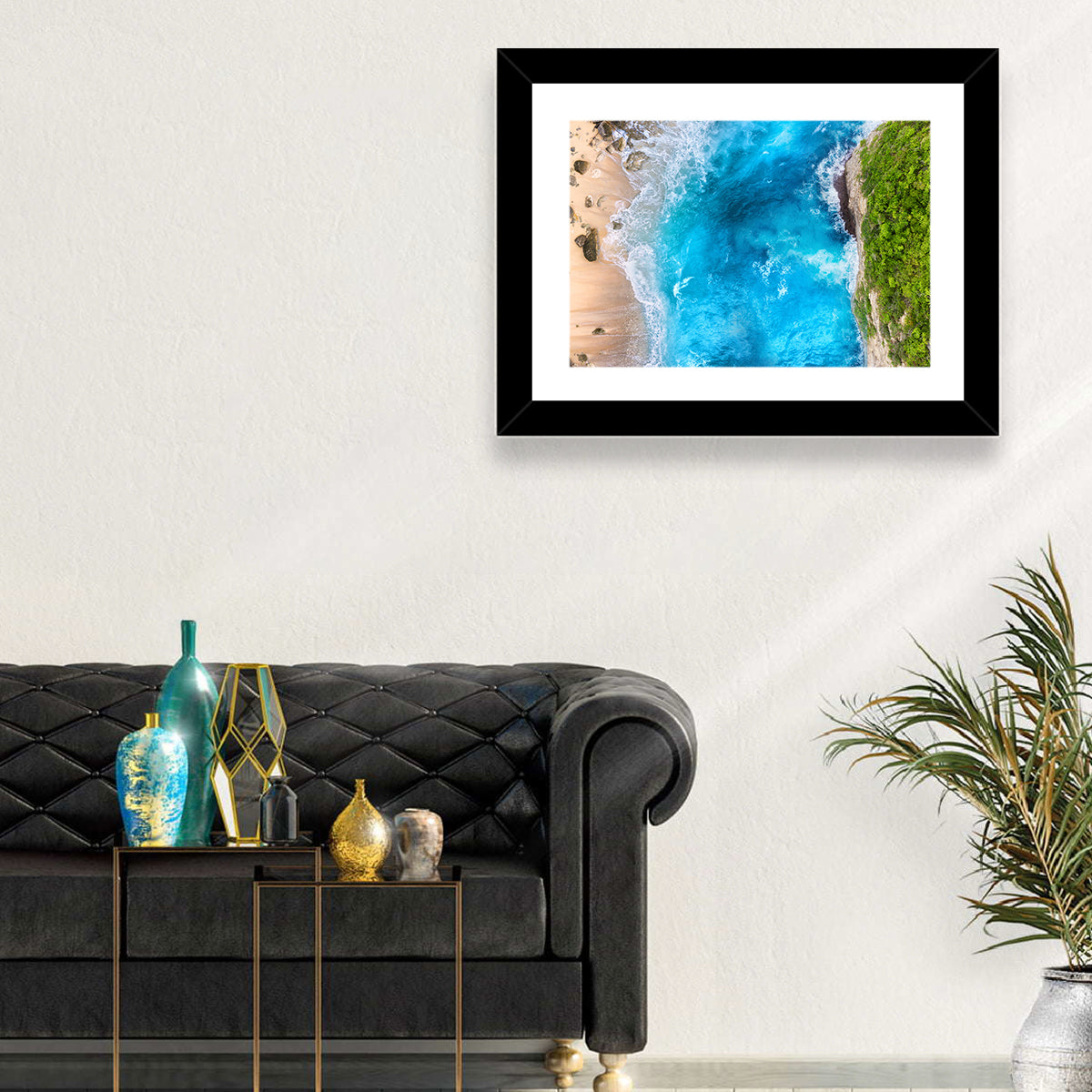 Aerial Turquoise Beach Cliffs Wall Art in a room, landscape
