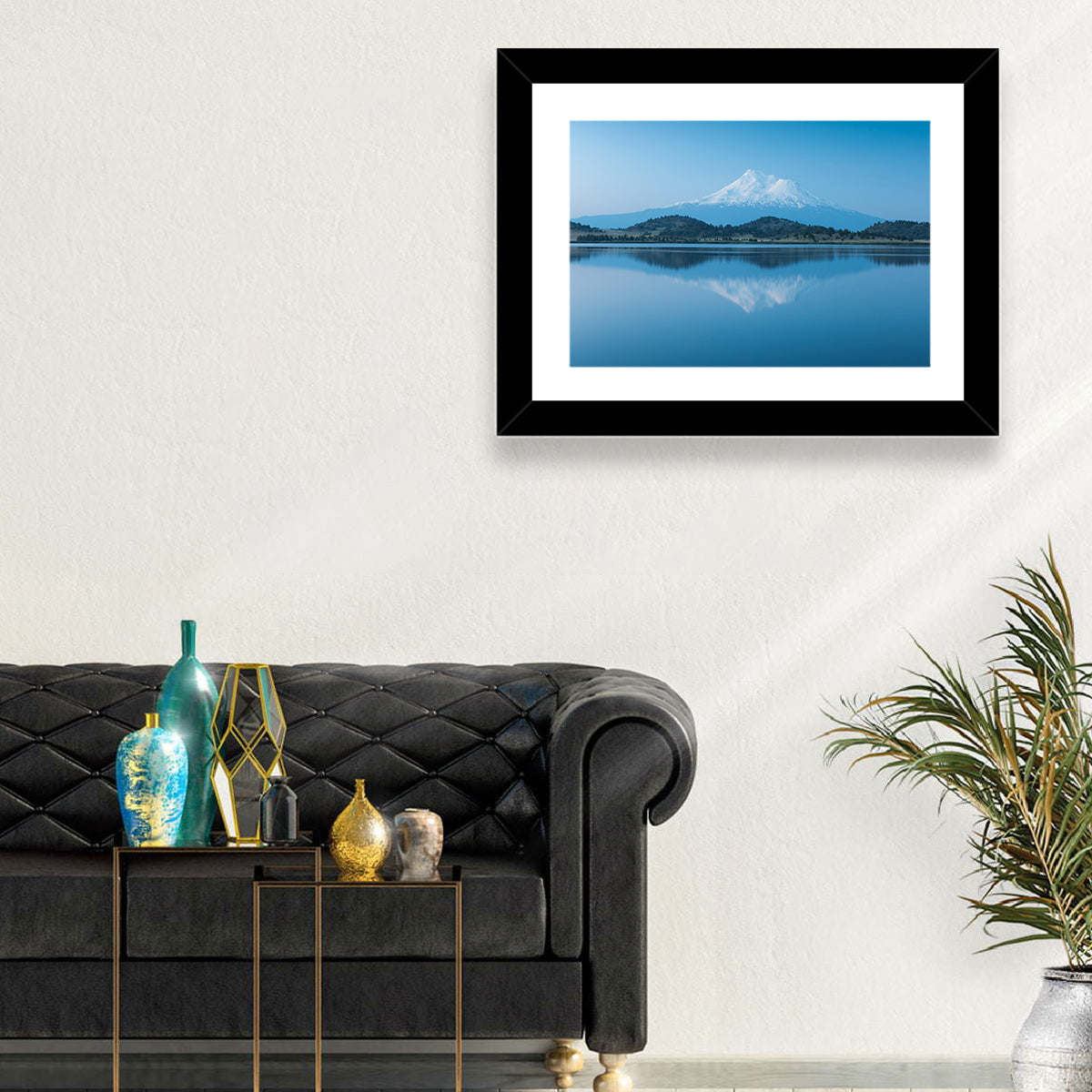 Snowy Mount Shasta Wall Art in a room, landscape