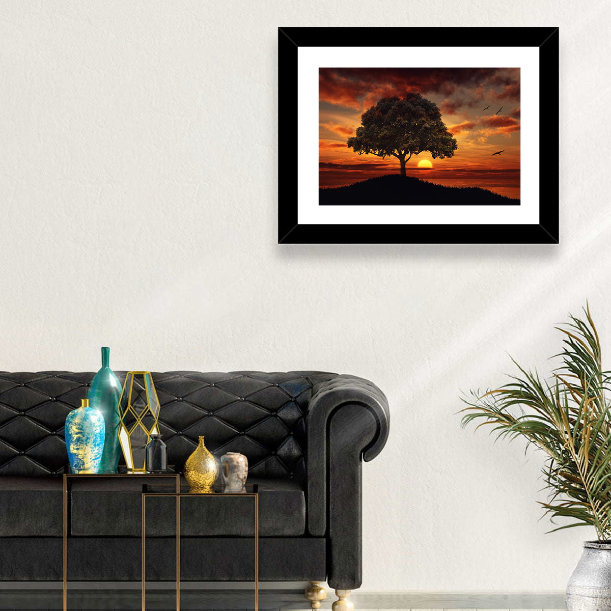 Lone Tree at Sunset with Birds Wall Art in a room, landscape