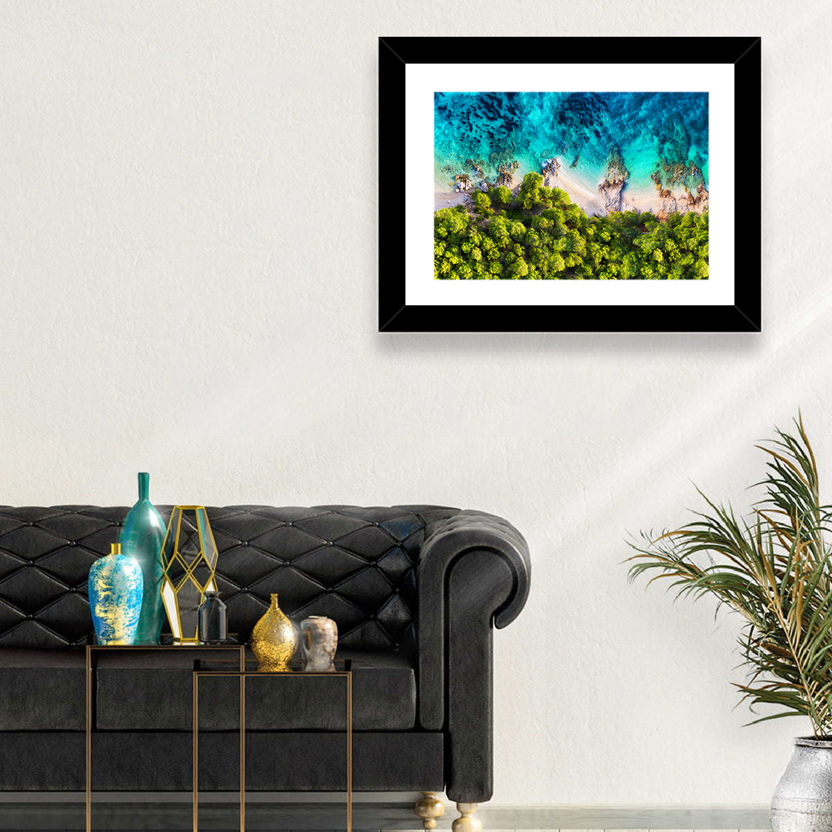 Croatian Turquoise Coastline Wall Art in a room, landscape