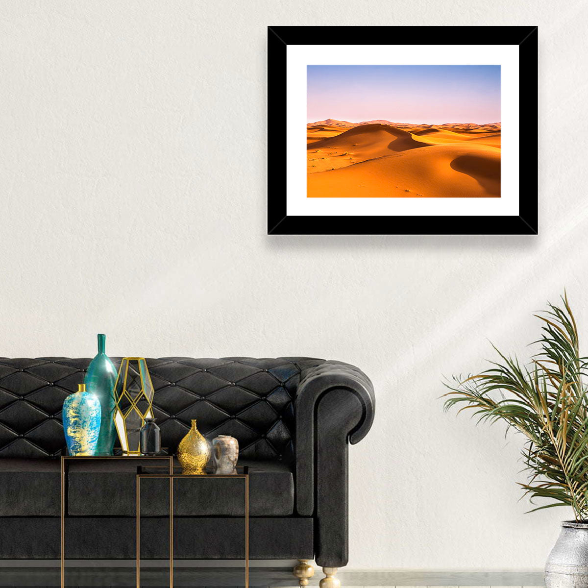 Golden Sahara Dunes Wall Art in a room, landscape