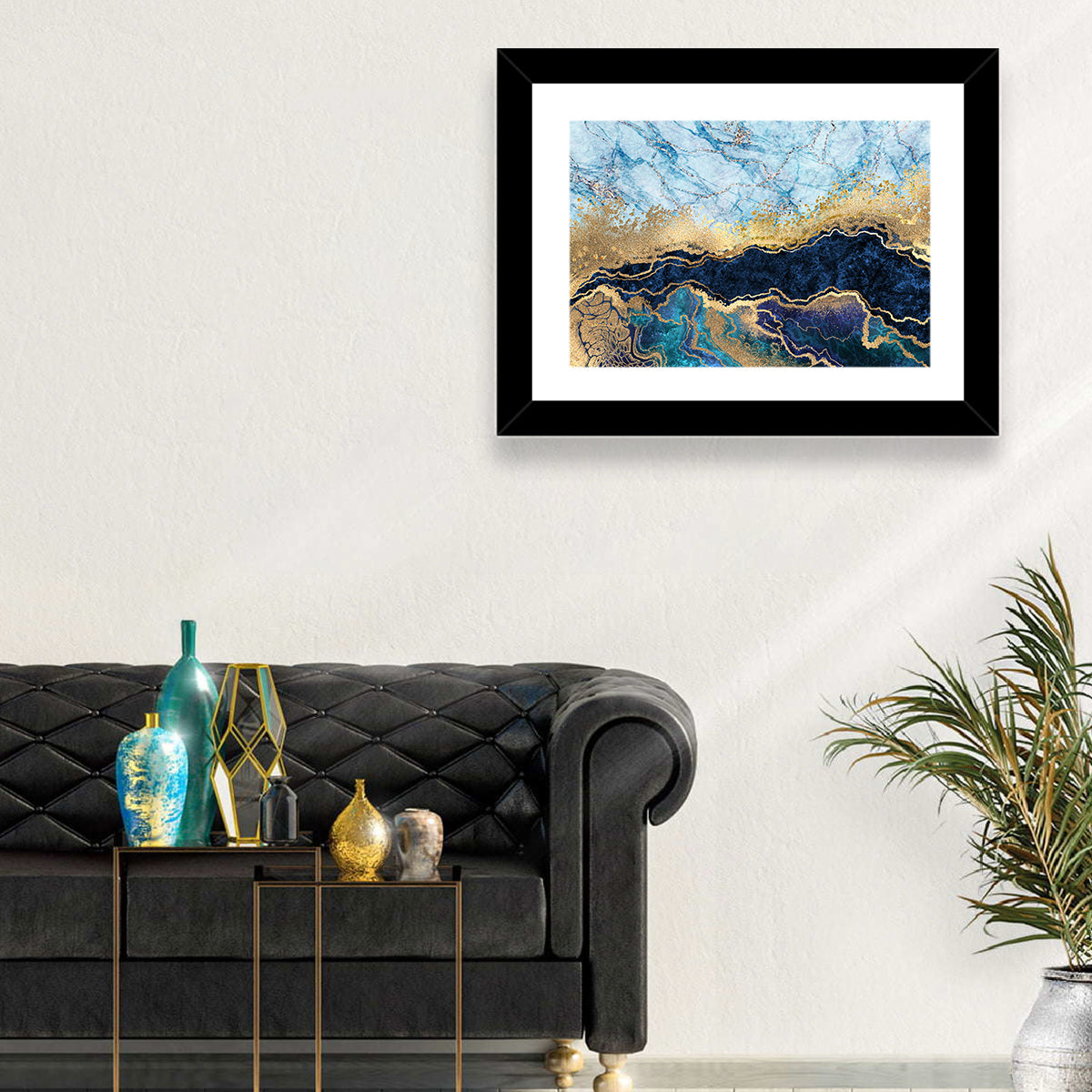 Blue Marble with Gold Veins Wall Art in a room, landscape