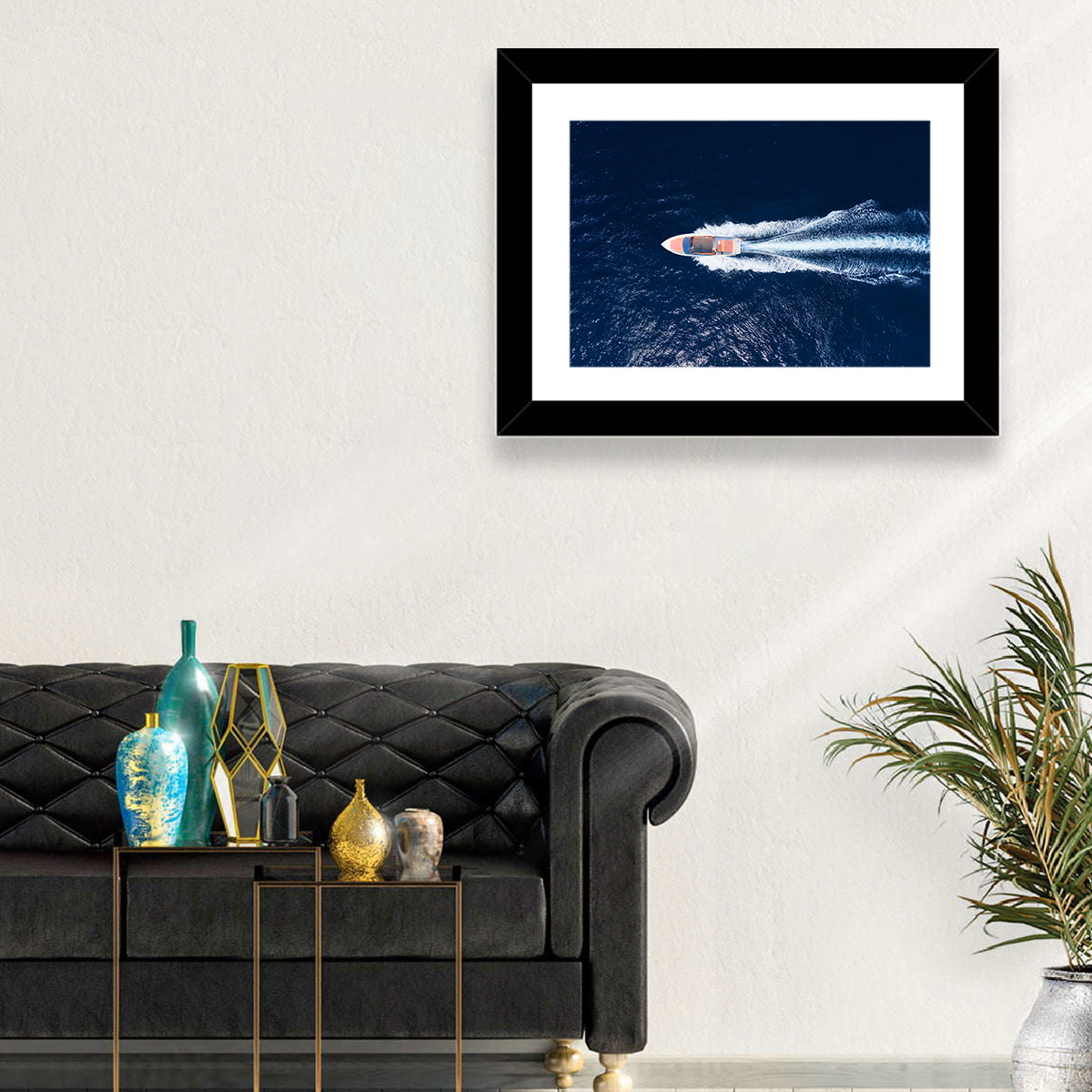 Sleek Speedboat Over Navy Sea Wall Art in a room, landscape