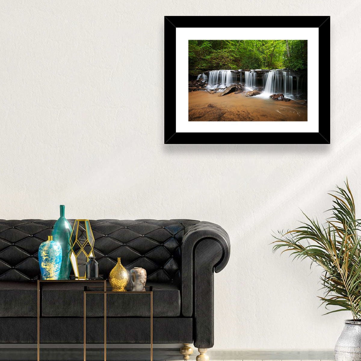 Lush Green Forest Waterfall Wall Art in a room, landscape