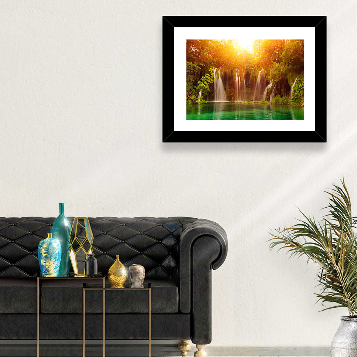 Plitvice Lakes Waterfalls Wall Art in a room, landscape