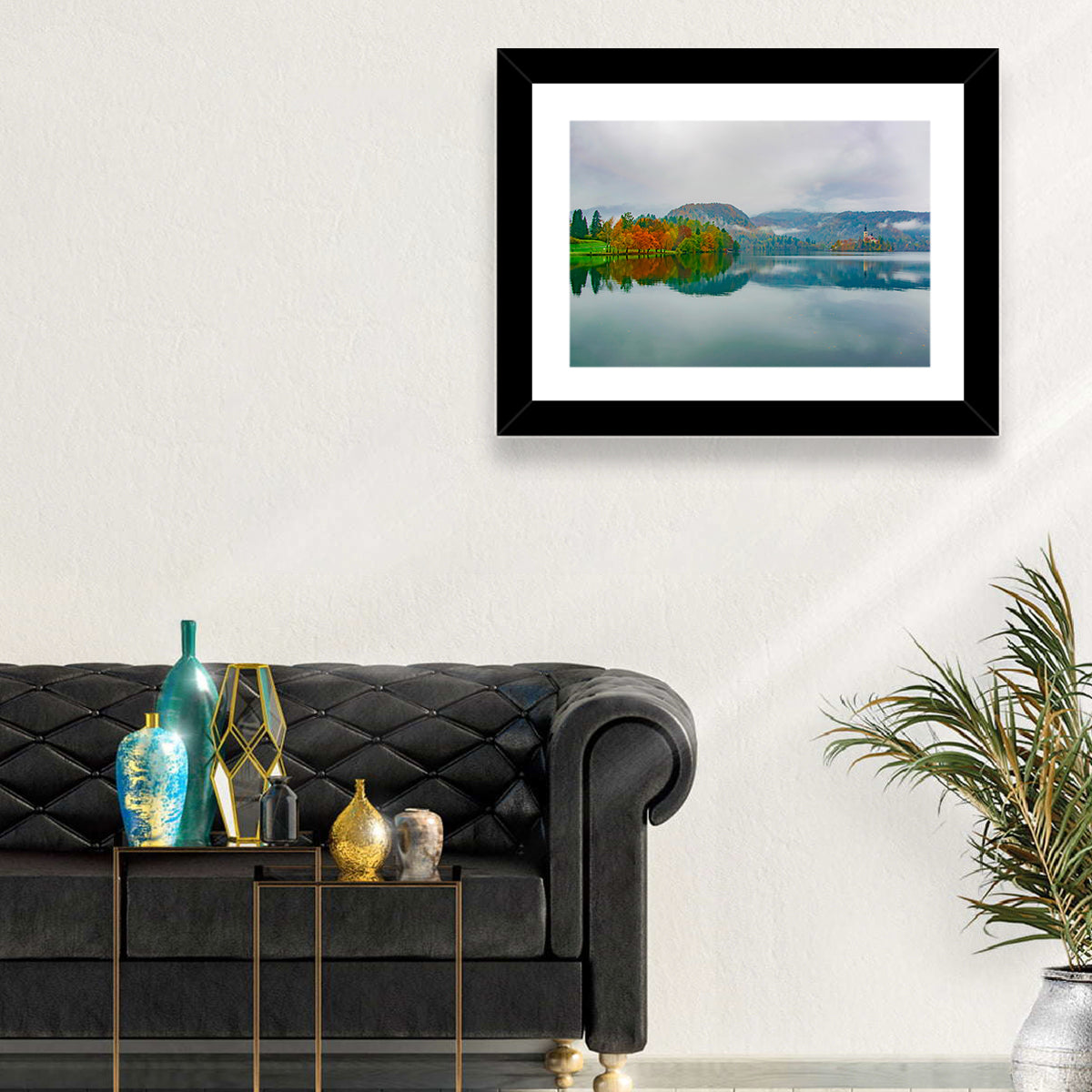 Lake Bled Island Church Wall Art in a room, landscape