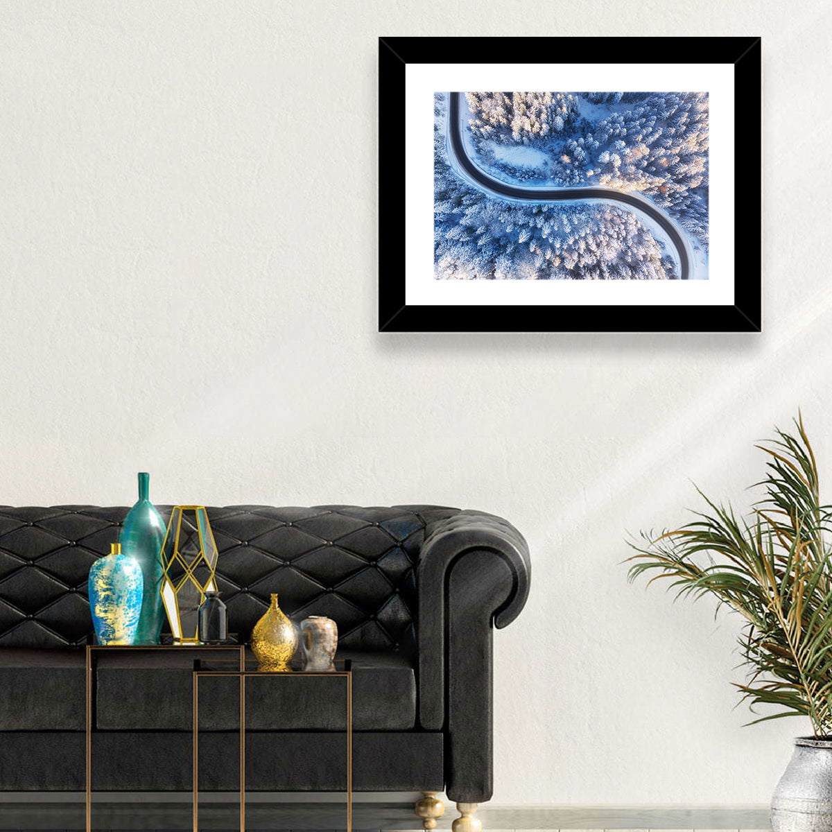 Snowy Forest Road at Golden Hour Wall Art in a room, landscape