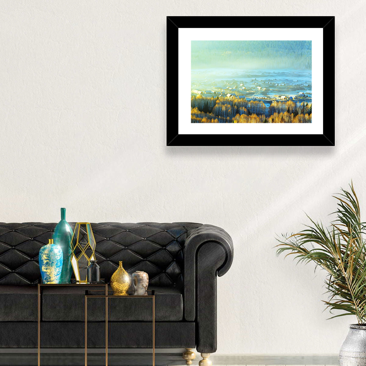 Misty Xinjiang Village Wall Art in a room, landscape