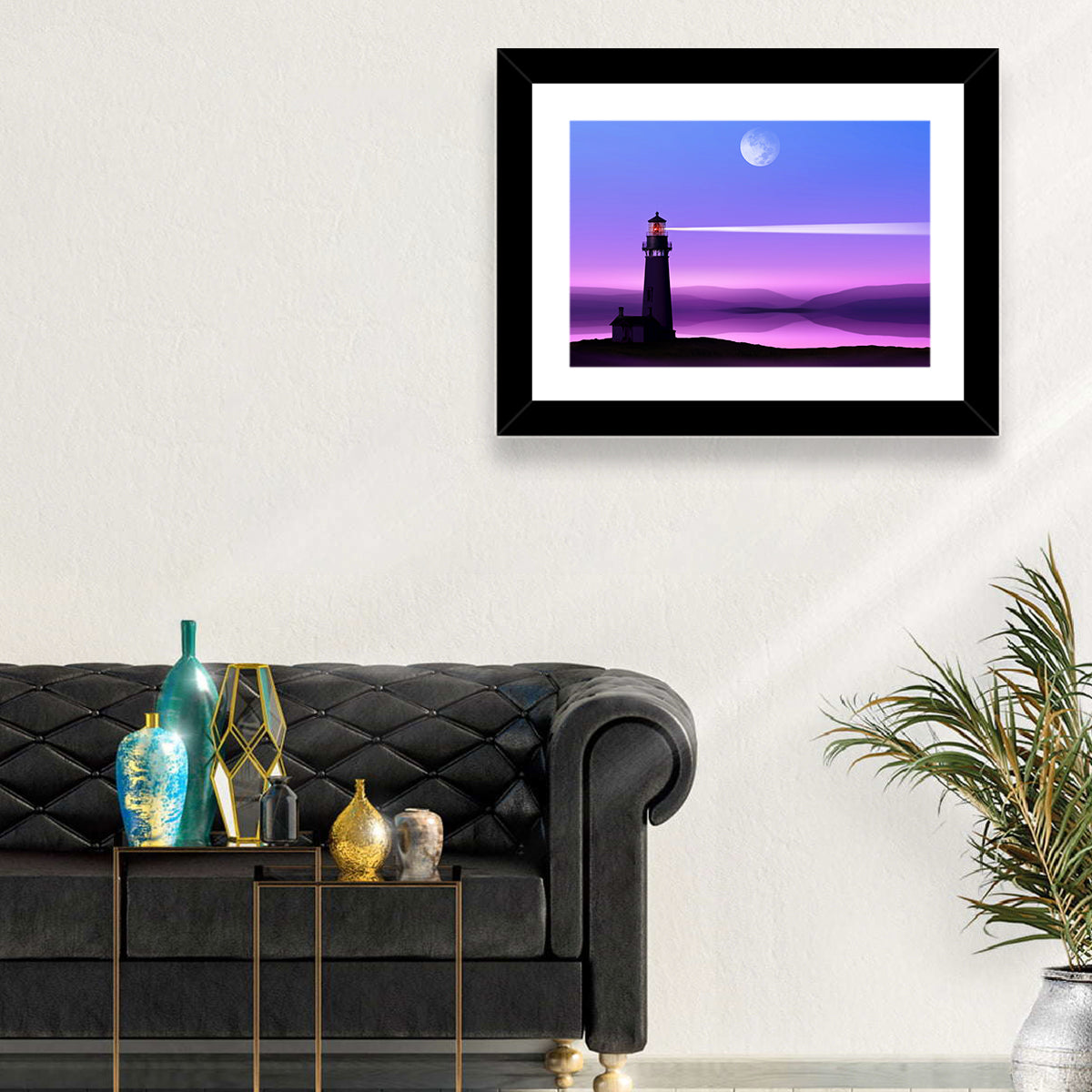 Moonlit Lighthouse Reflection Wall Art in a room, landscape