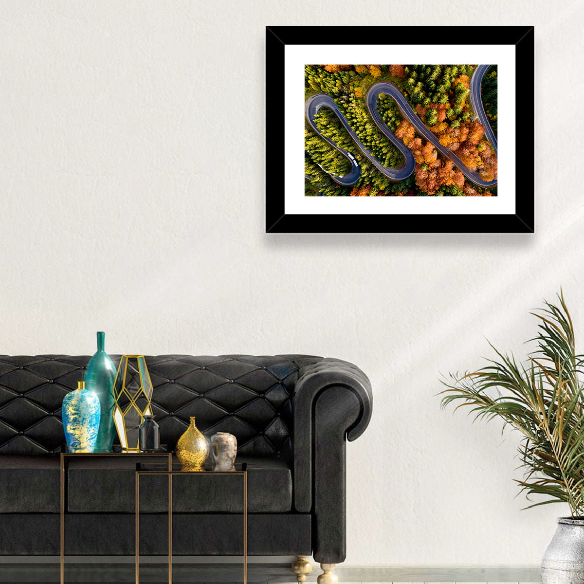 Autumn Aerial Mountain Road Wall Art in a room, landscape