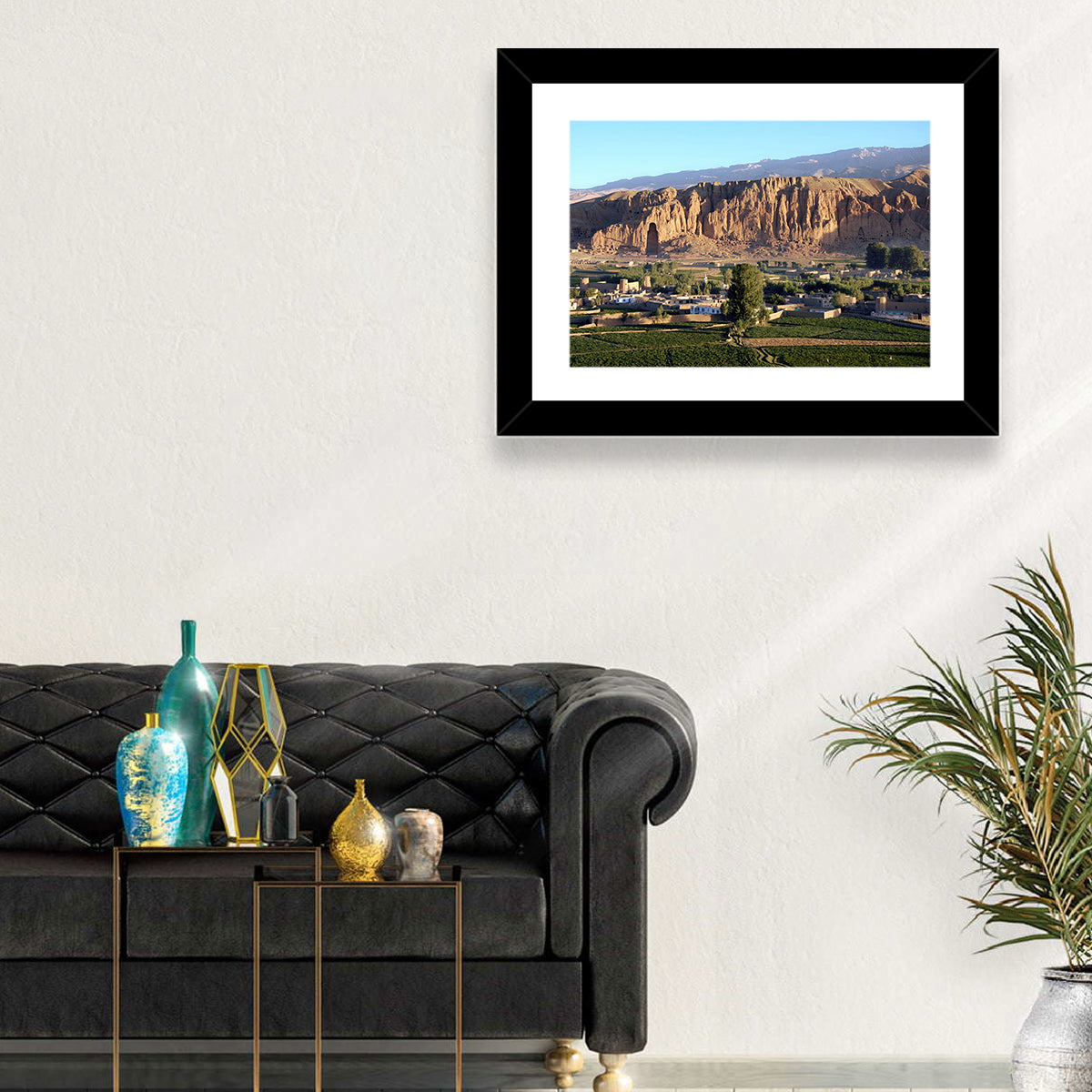 Bamiyan Valley Cliff Niche at Golden Hour Wall Art in a room, landscape