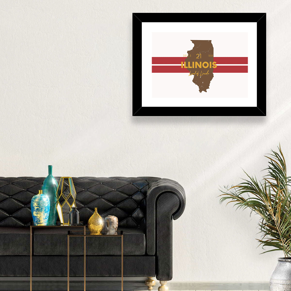 Illinois Map Land of Lincoln Wall Art in a room, landscape