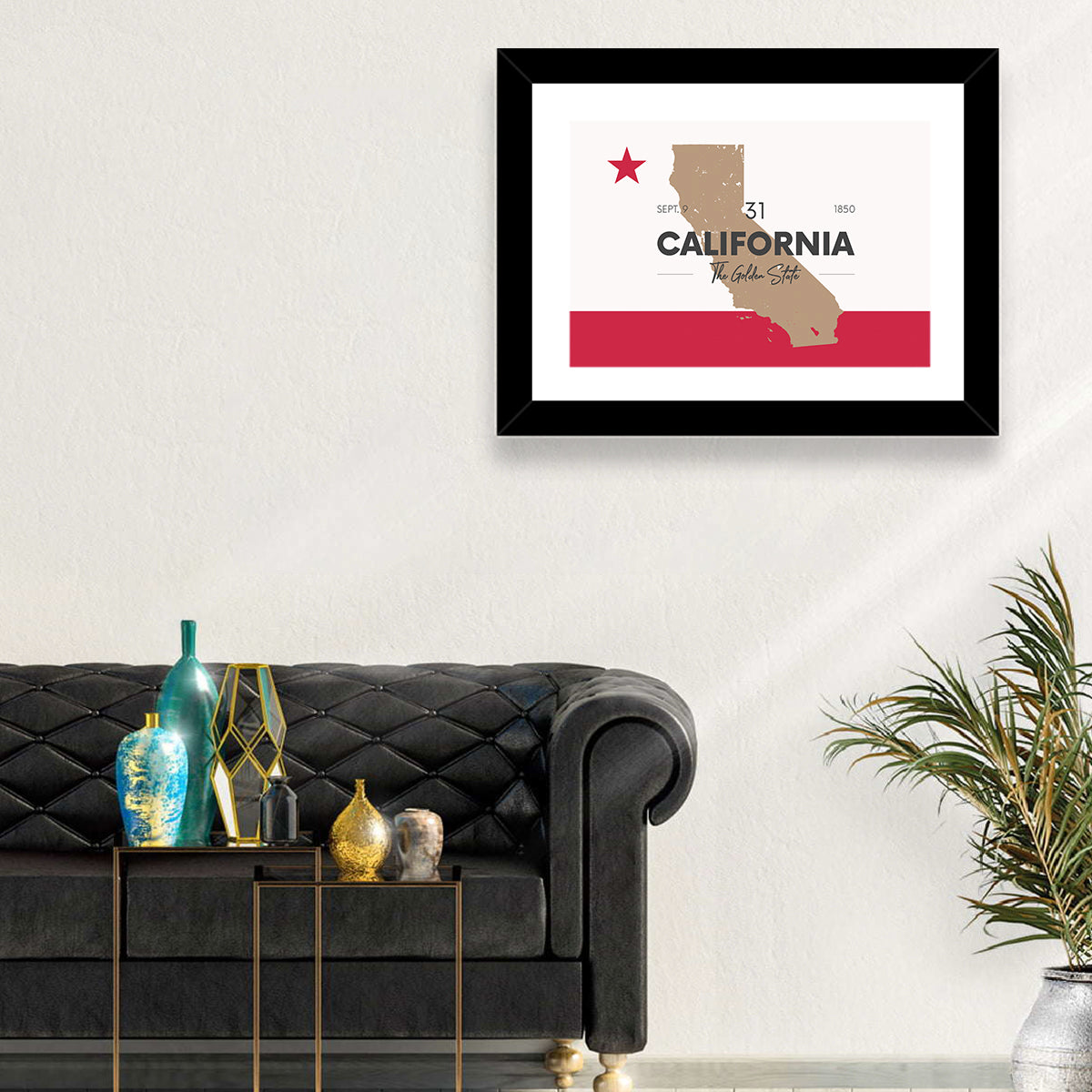 California Map with Red Star Wall Art in a room, landscape