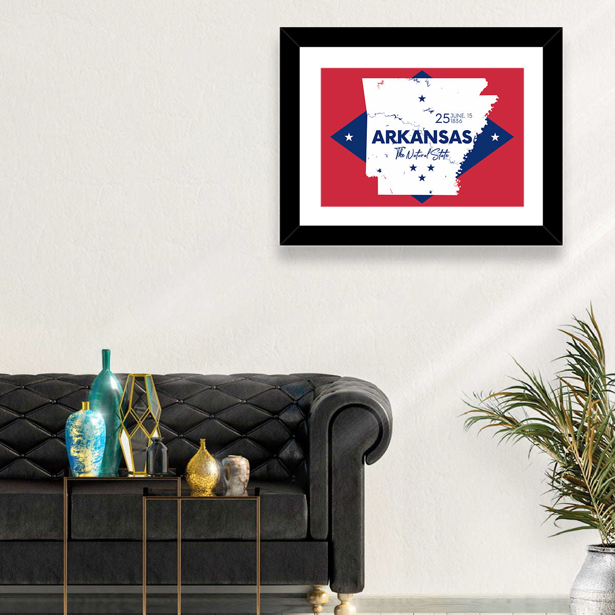 Patriotic Arkansas Map Wall Art in a room, landscape
