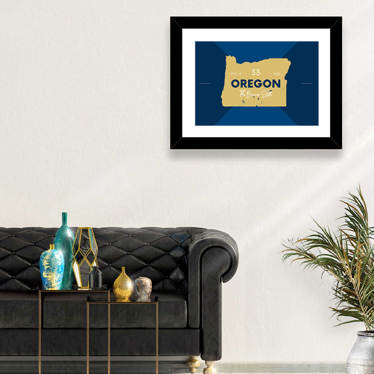 Oregon Typographic Map Wall Art in a room, landscape