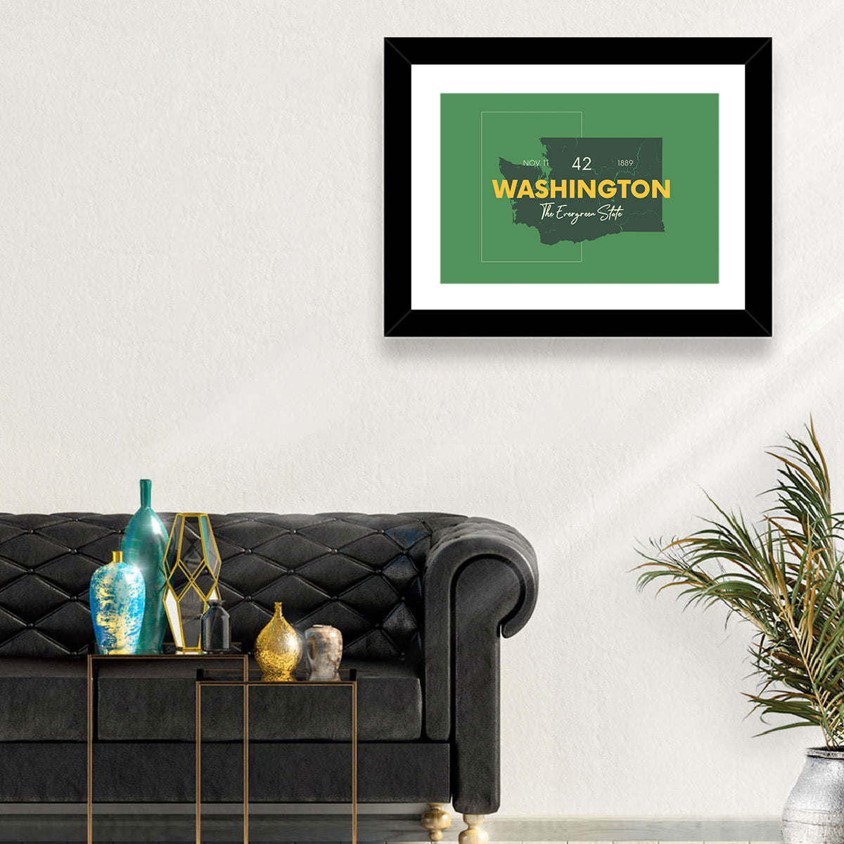 Minimalist Washington State Map Wall Art in a room, landscape