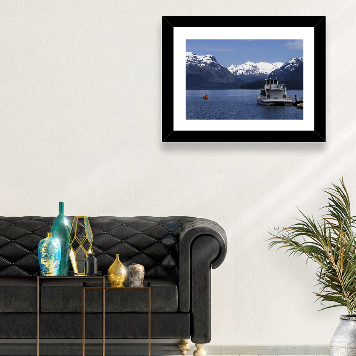 Lake Nahuel Huapi Catamaran and Snow-capped Mountains Wall Art in a room, landscape