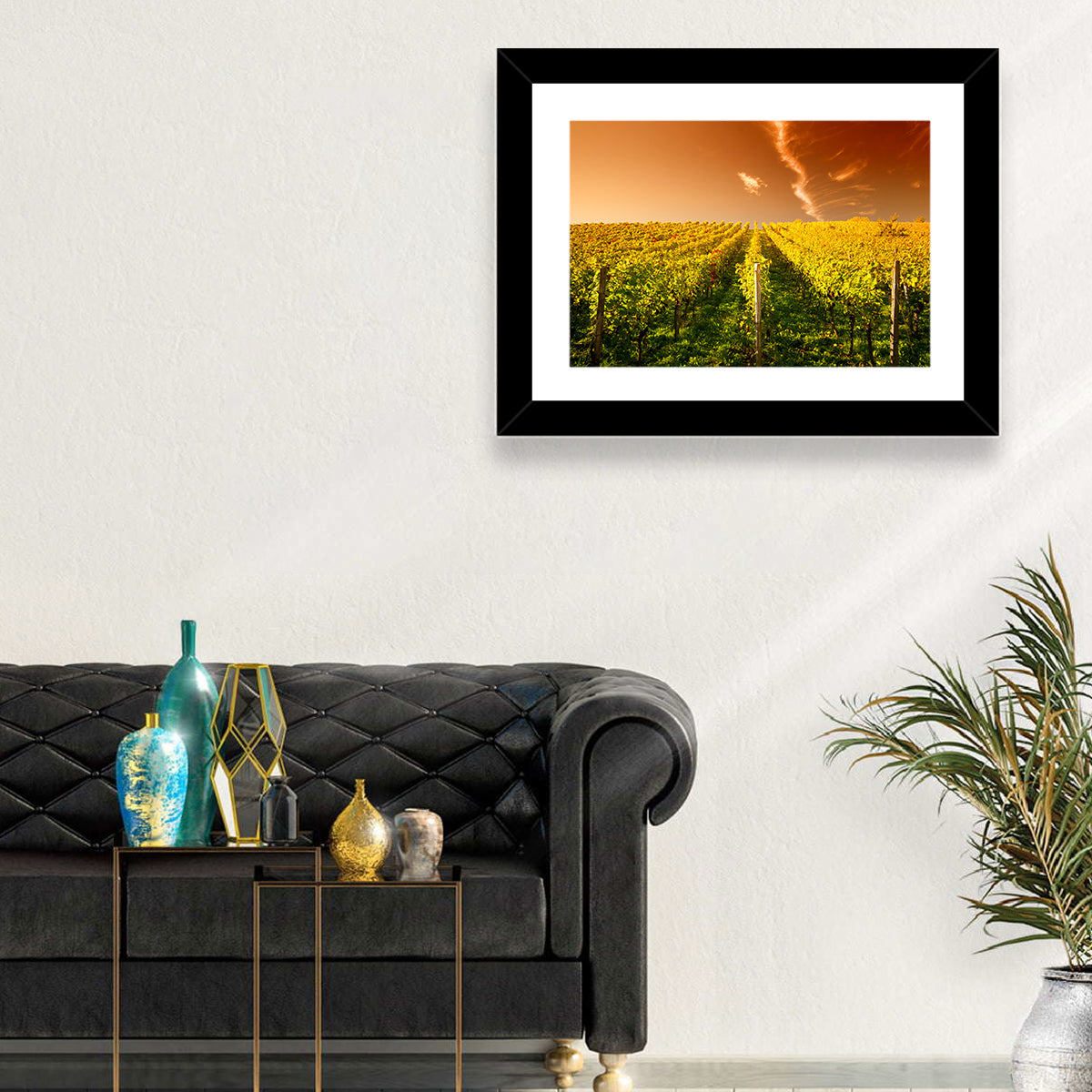 Golden Vineyard Sunset Wall Art in a room, landscape
