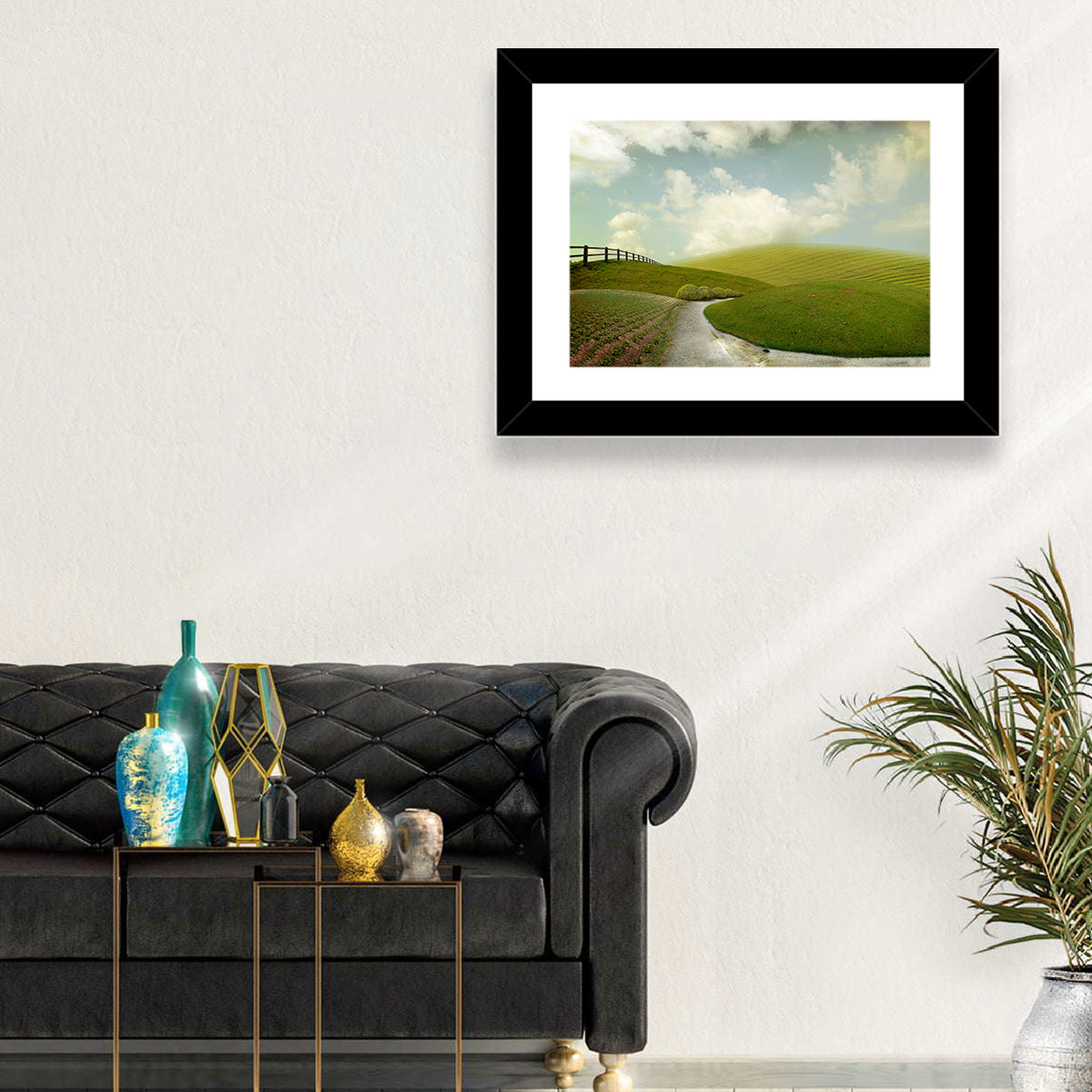 Winding Road Through Rolling Hills Wall Art in a room, landscape