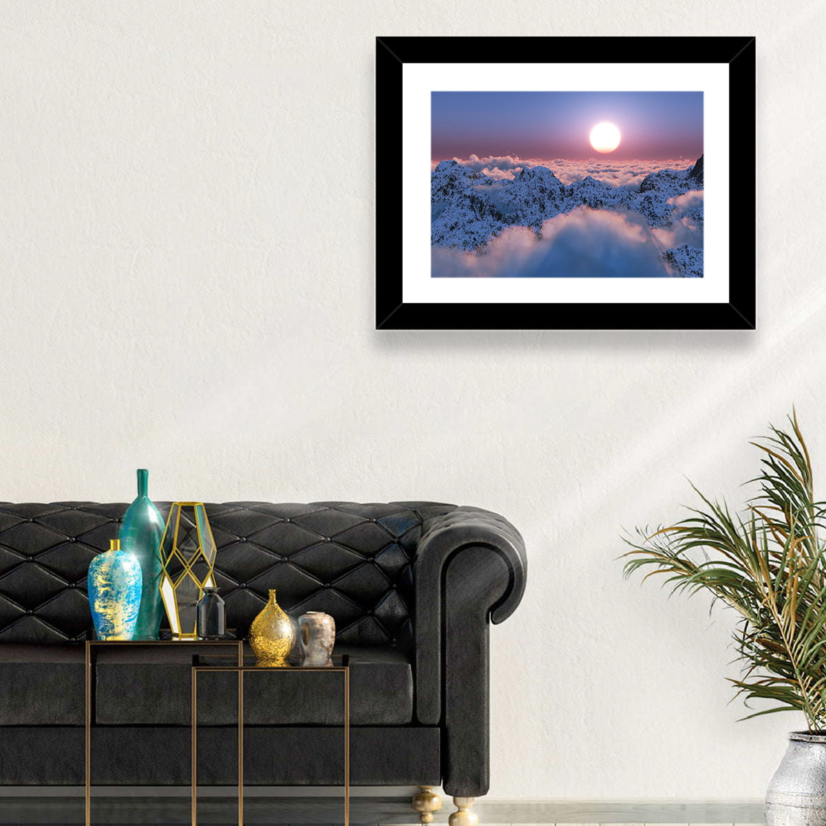 Sunset Above Snowy Mountains Wall Art in a room, landscape