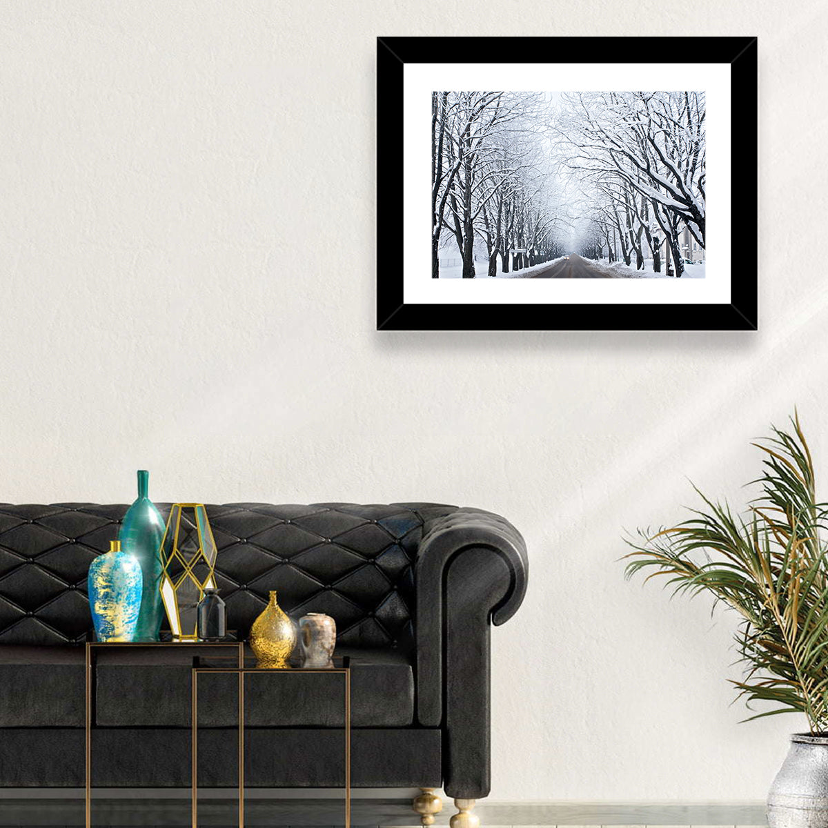 Snowy Road with Distant Headlights Wall Art in a room, landscape