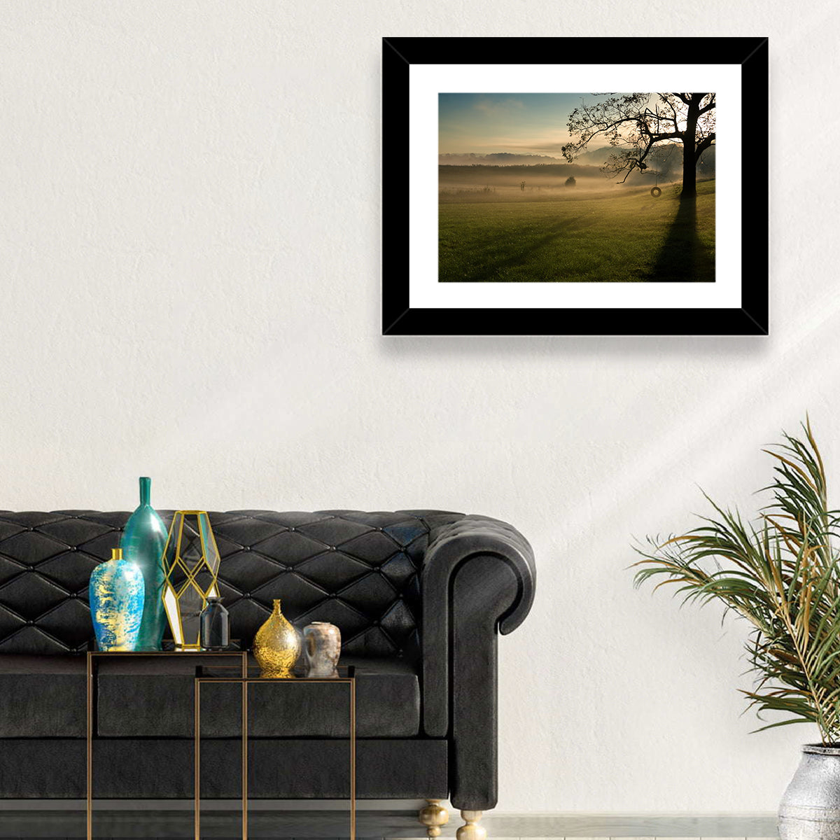 Tire Swing in Morning Mist Wall Art in a room, landscape