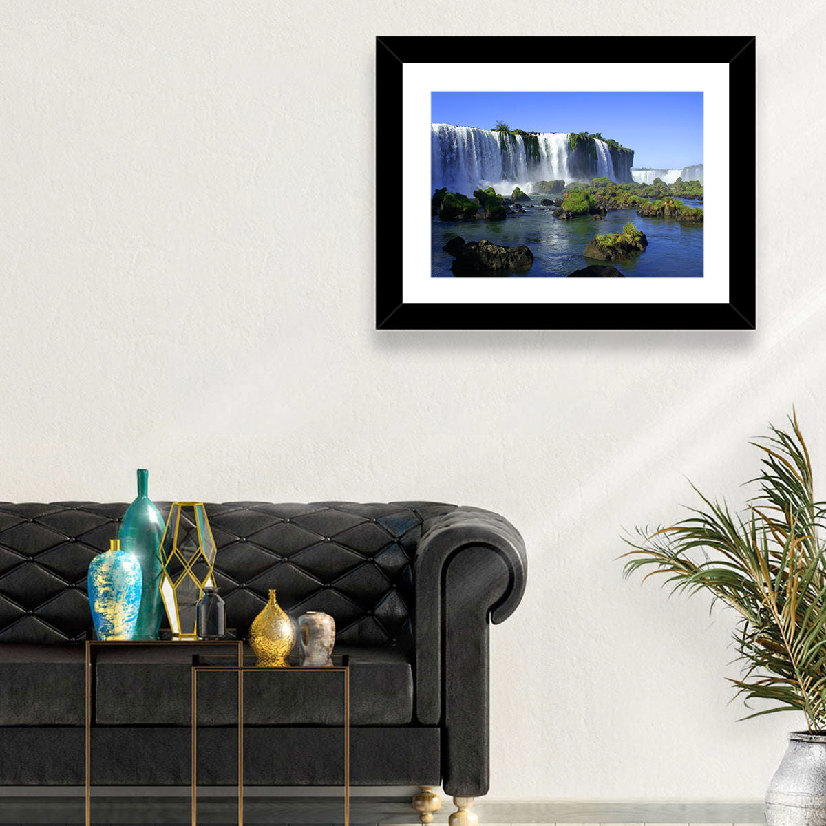 Iguazu Falls Mossy Rocks Wall Art in a room, landscape