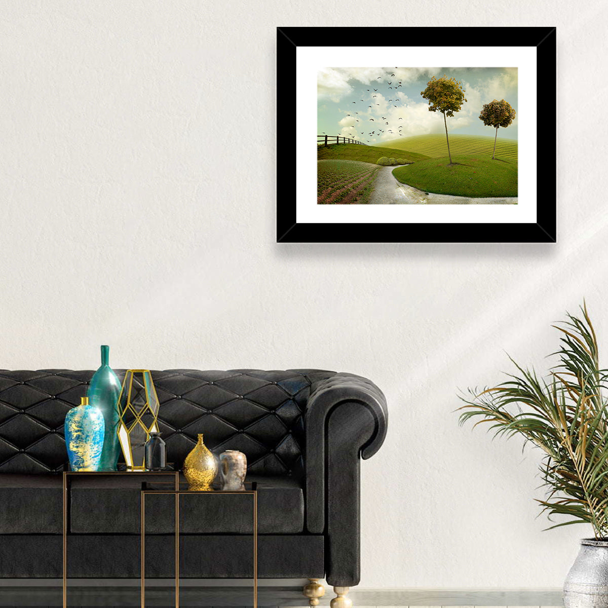 Serene Green Hills Pathscape Wall Art in a room, landscape