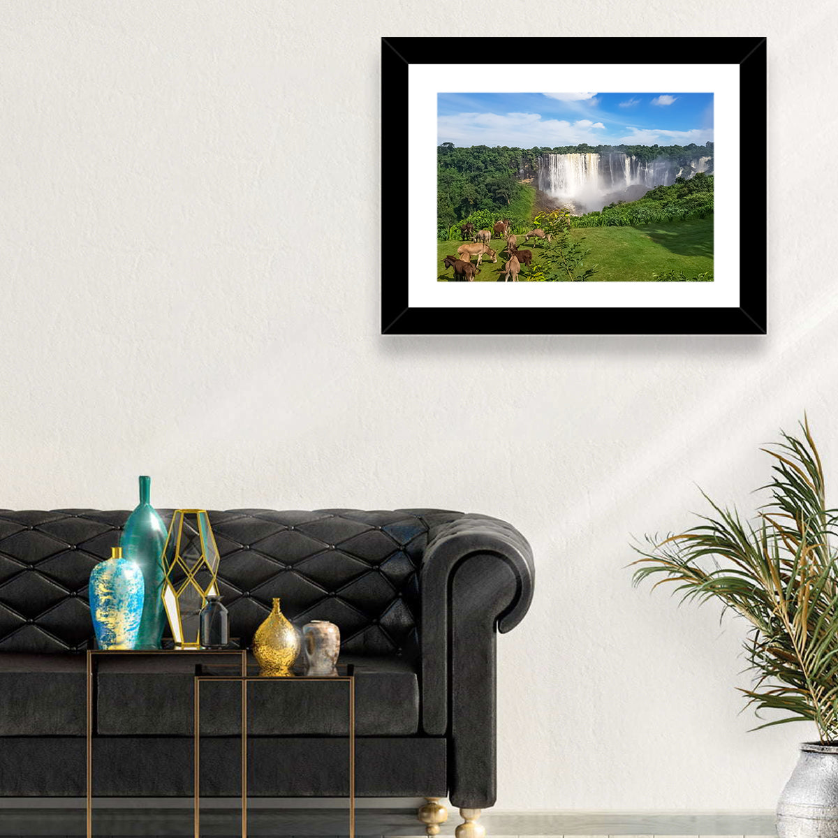 Kalandula Falls and Grazing Donkeys Wall Art in a room, landscape