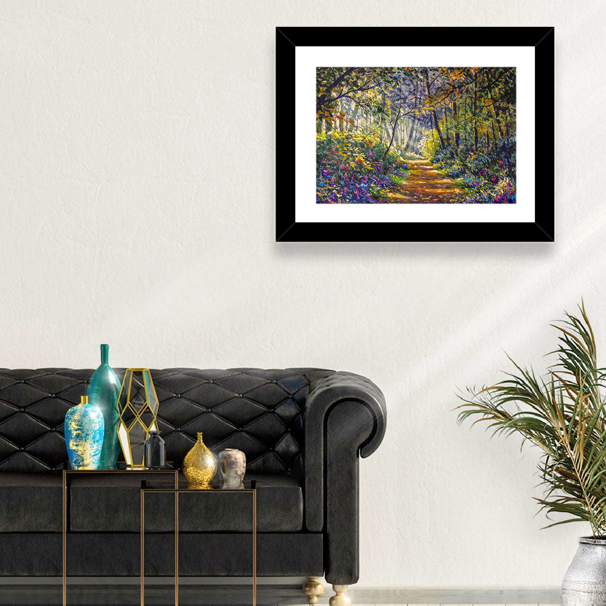 Sunlit Forest Path with Wildflowers Wall Art