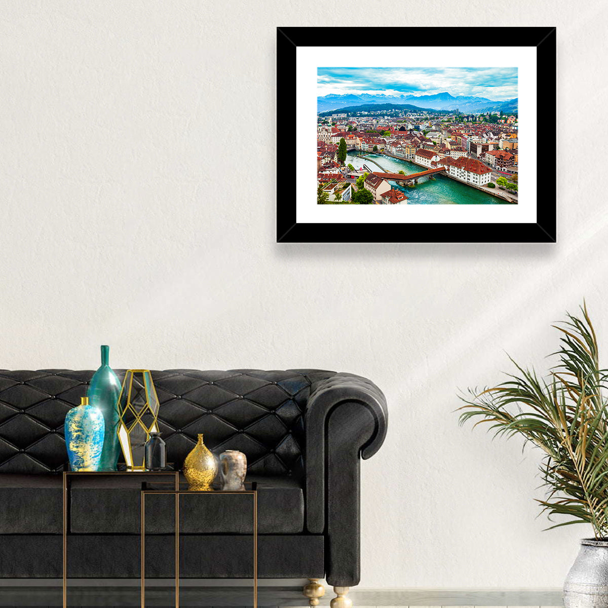Lucerne Chapel Bridge View Wall Art in a room, landscape