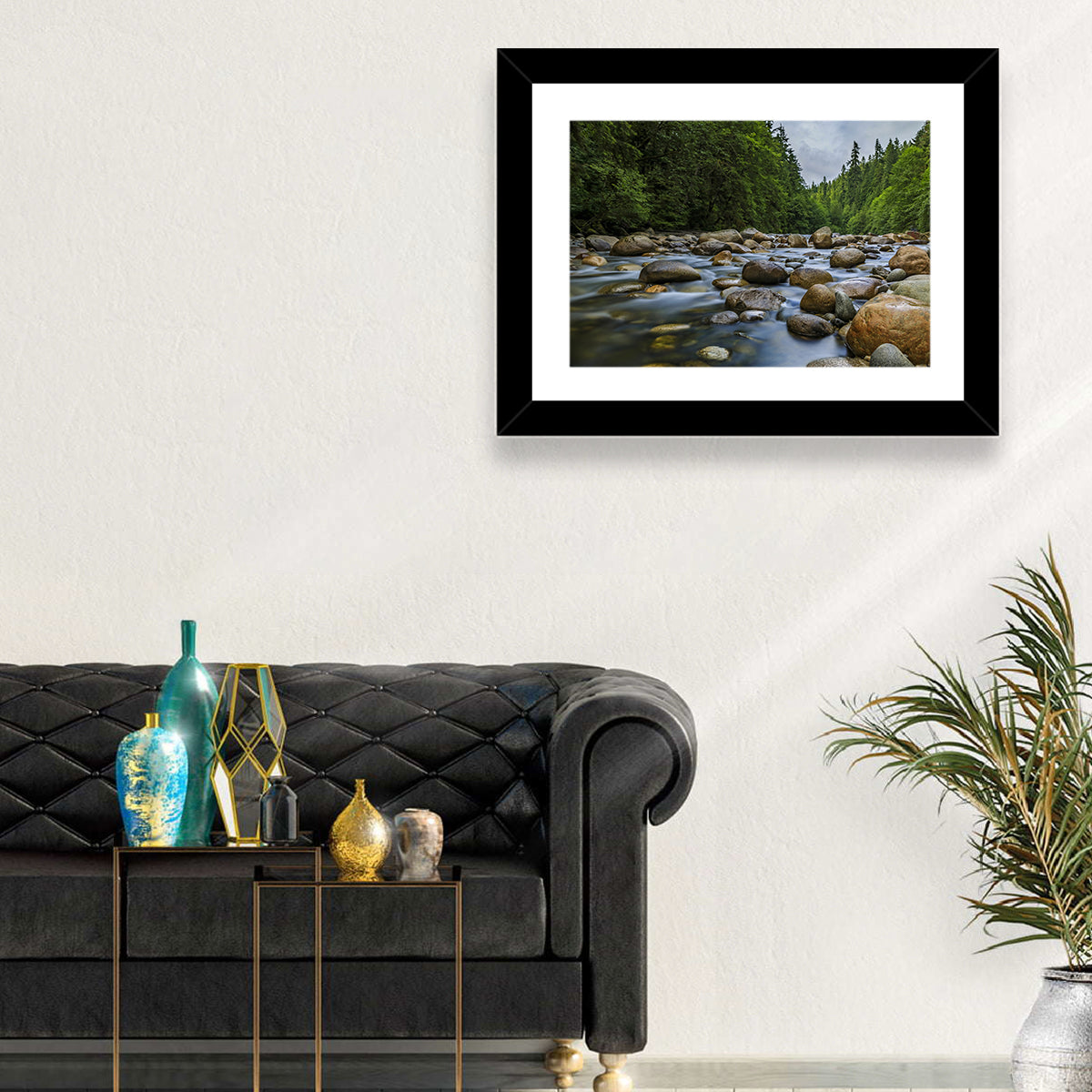 Lynn Canyon Riverbed Forest Wall Art in a room, landscape
