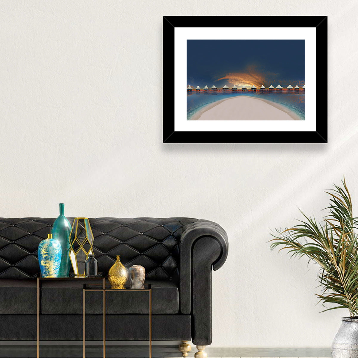 Overwater Bungalows at Golden Dusk Wall Art