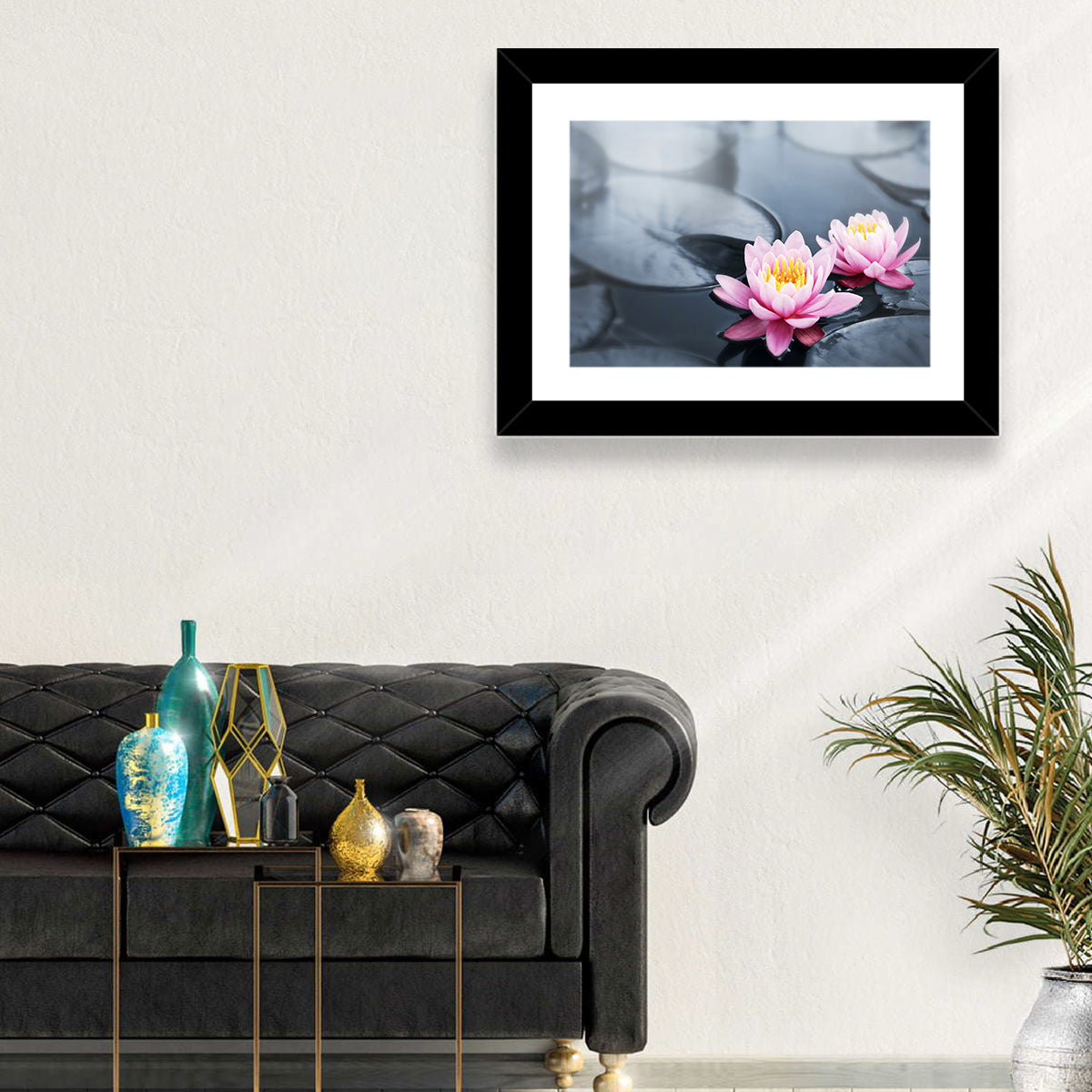 Pink Water Lilies Wall Art in a room, landscape