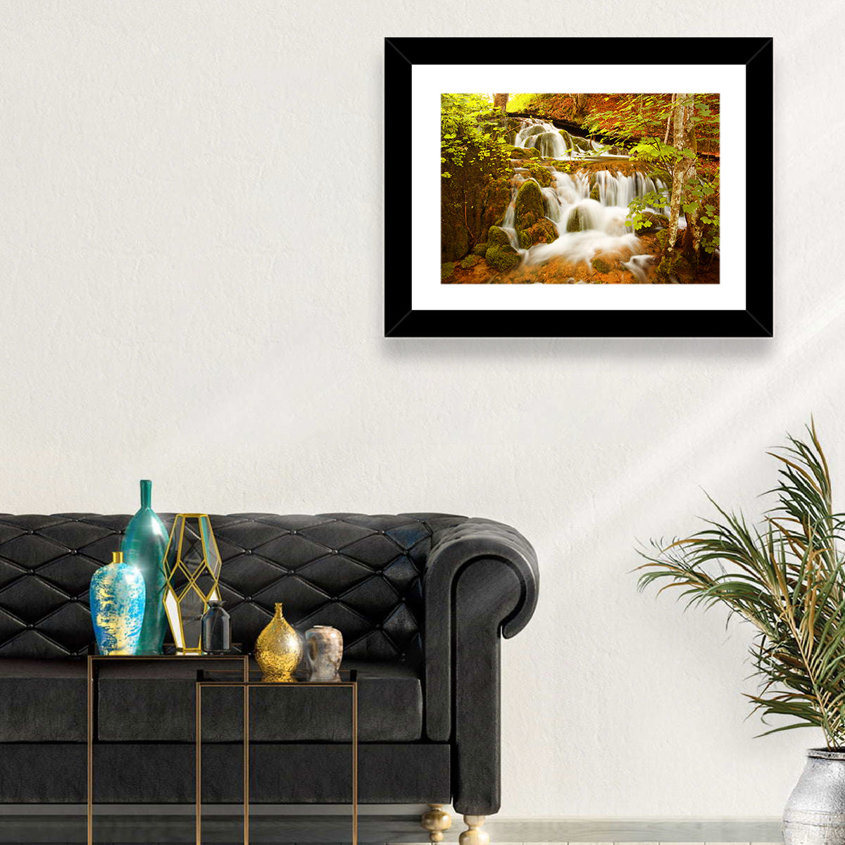 Plitvice Autumn Stream Wall Art in a room, landscape