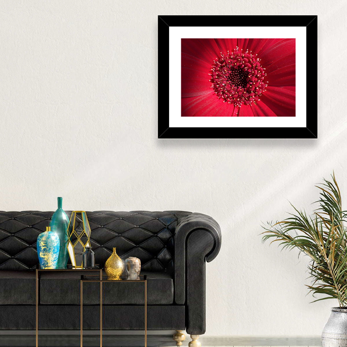 Red Gerbera Daisy Macro Close Up Wall Art in a room, landscape