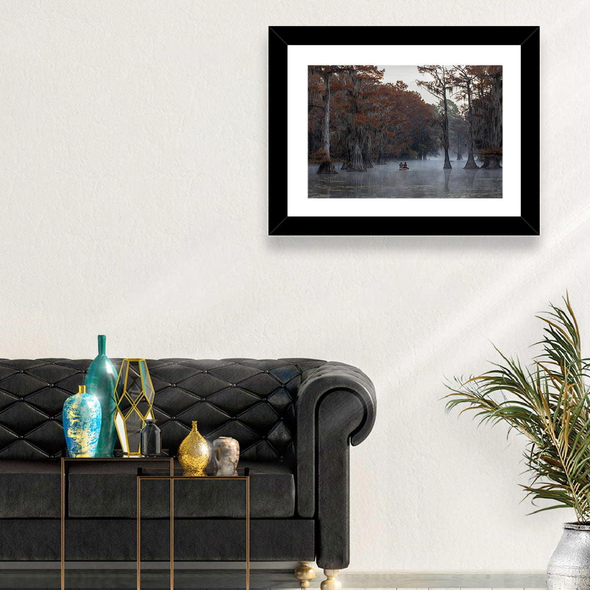 Caddo Lake Morning Mist Wall Art in a room, landscape