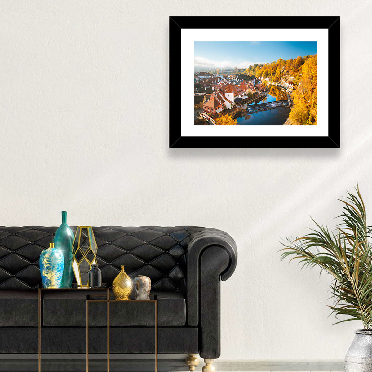 Český Krumlov River Weir in Autumn Wall Art in a room, landscape