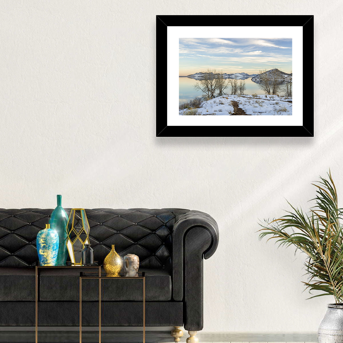 Horsetooth Reservoir Frozen Reflection Wall Art in a room, landscape