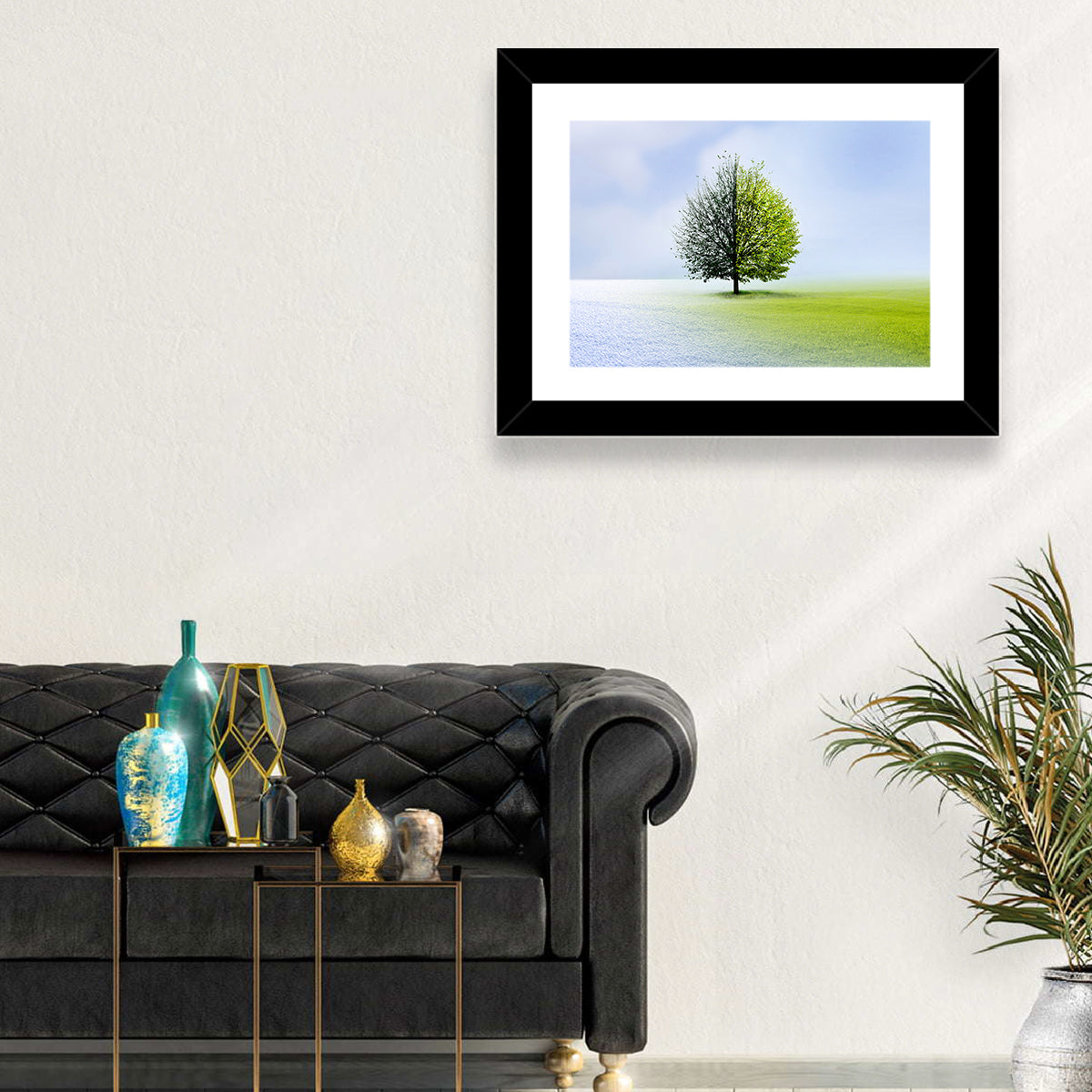 Winter to Spring Tree Wall Art in a room, landscape