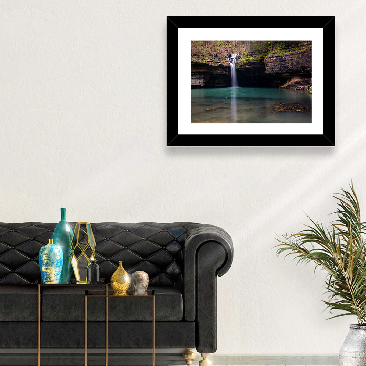 Mossy Cove Waterfall Wall Art in a room, landscape