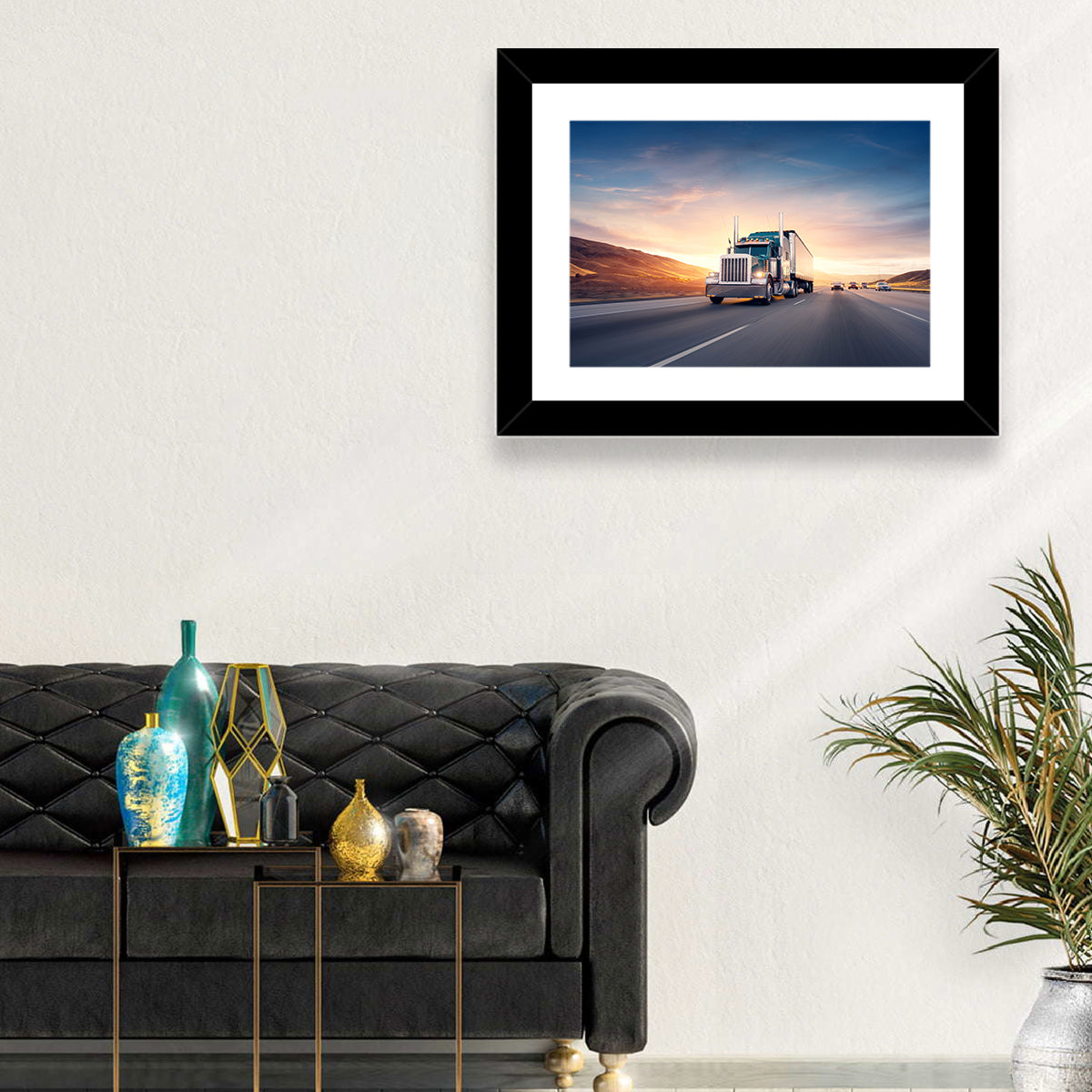 Semi Truck Highway Sunset Wall Art in a room, landscape