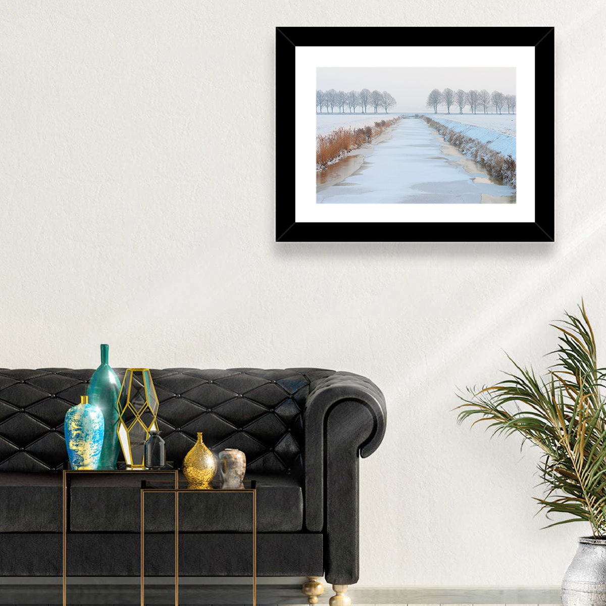 Frozen Canal with Bare Trees Wall Art in a room, landscape