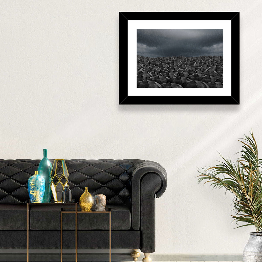 Clustered Umbrellas in Rain Wall Art