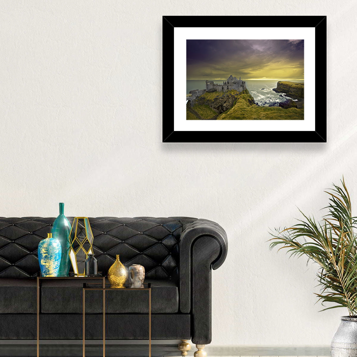 Dunluce Castle Ruins Wall Art in a room, landscape