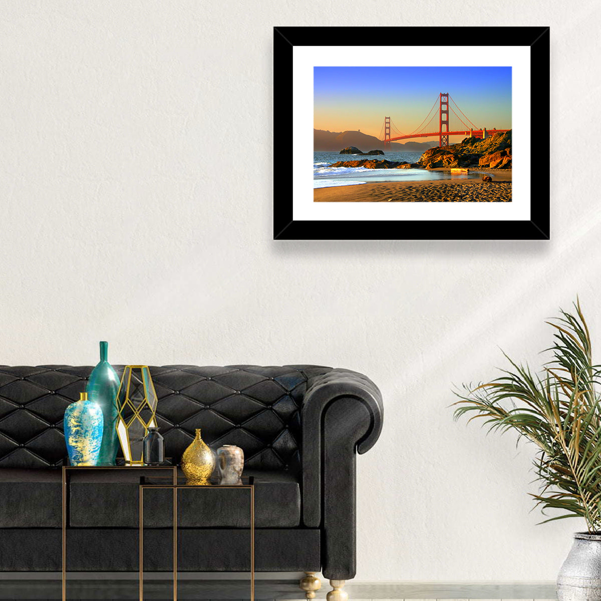 Golden Hour at the Golden Gate Bridge Wall Art in a room, landscape