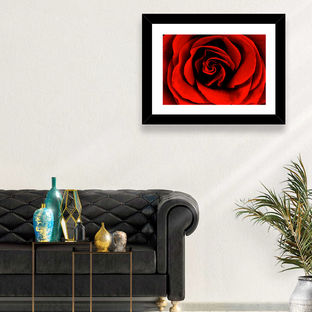 Velvety Red Rose Close-up Wall Art in a room, landscape