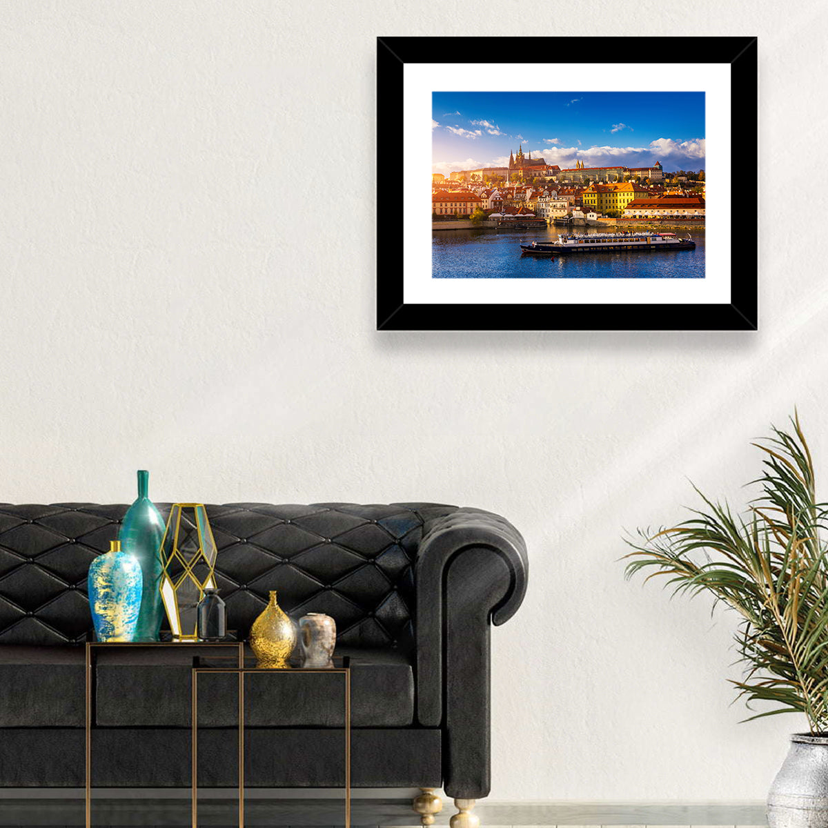 Prague Castle Golden Hour River View Wall Art in a room, landscape
