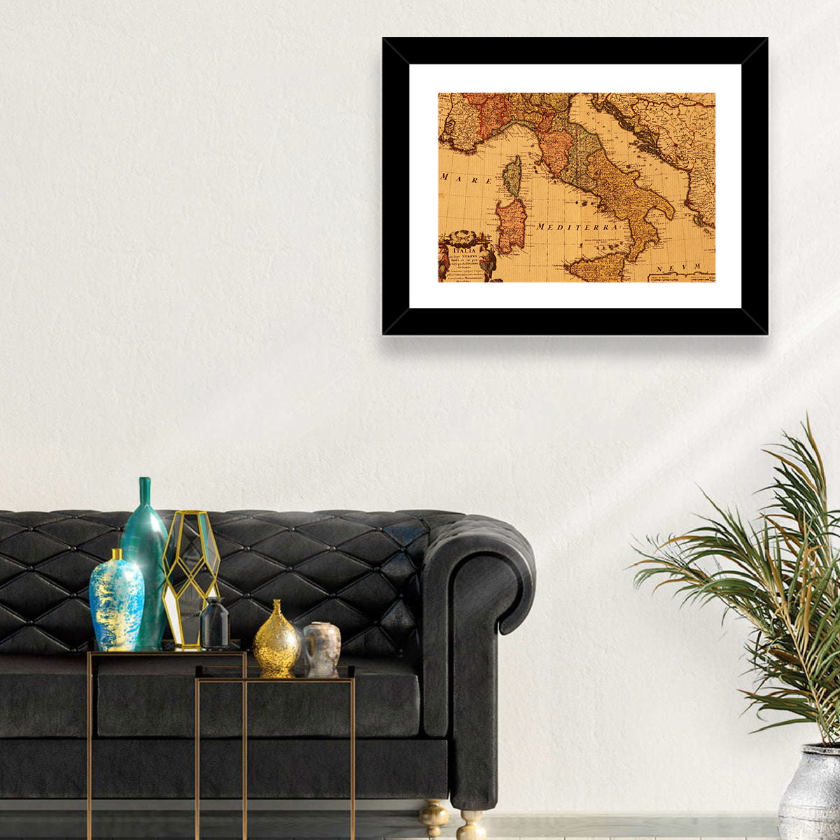 Antique Map of Italy with Ornate Cartouche Wall Art in a room, landscape